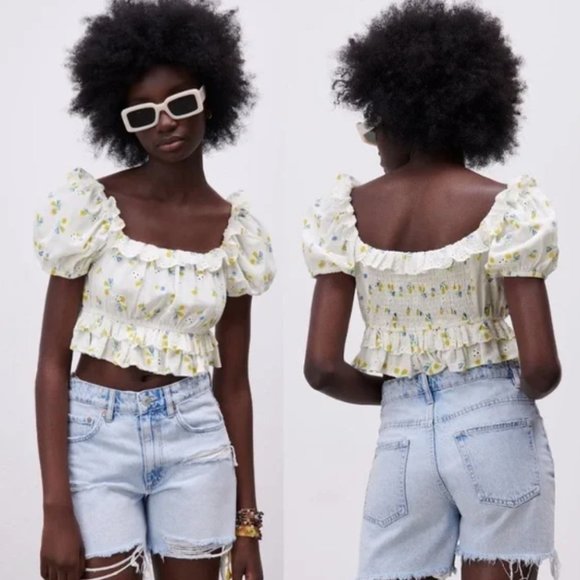 NEW Zara Floral Embroidered Eyelet Ruffle Crop Top - Picture 3 of 7